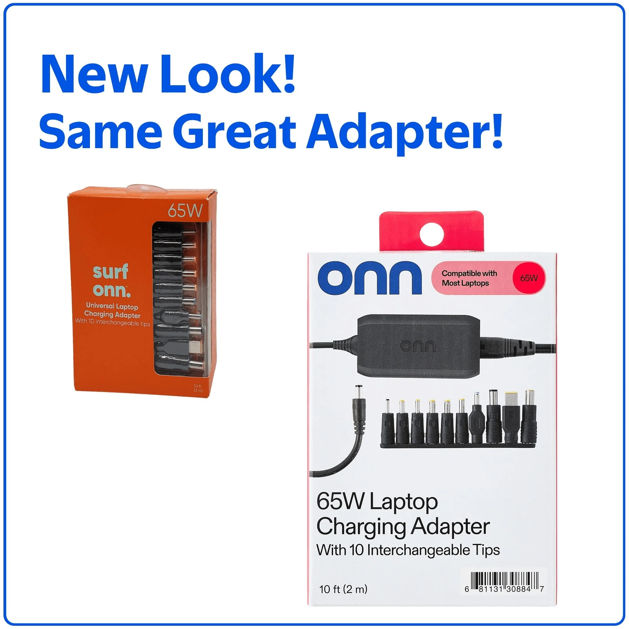 onn 65W Laptop Charger with 10 Interchangeable Tips, 10ft Power Cord, for HP, Dell, Lenovo, Grey