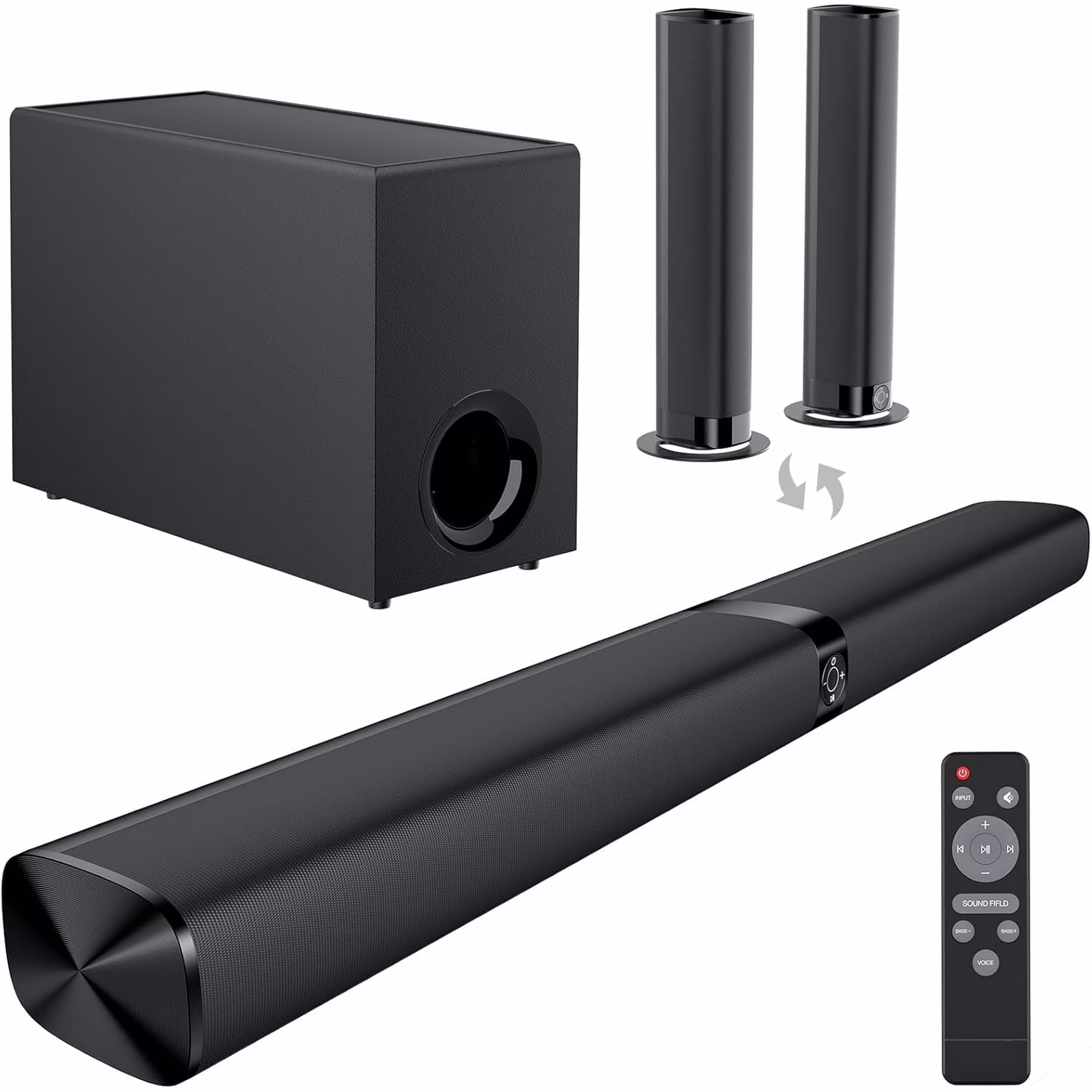 Sound Bar for Smart TV, 120W Sound Bar with Subwoofer, 5.0 Bluetooth Soundbar for TV with Deep Bass & Volume Boost & 3 Equalizer Modes, ARC/Opt/AUX, 2 in 1 Detachable TV Sound Bar, Black